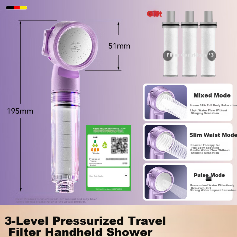 JROR Germany Portable Pressurized Shower Head Single Spray Travel Filtered Shower Bathroom Baby Shower