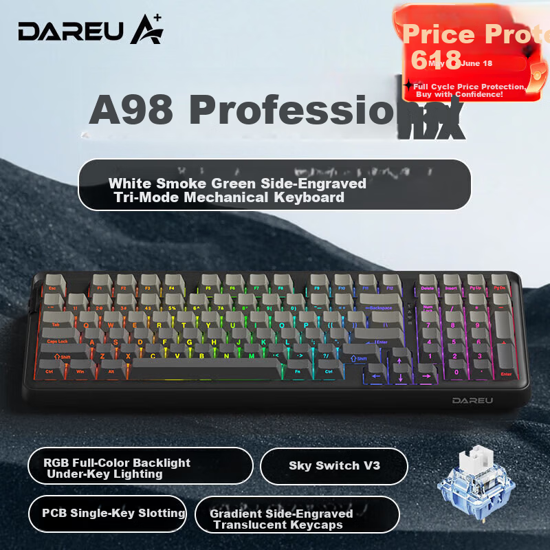 DAREU 2026 Wireless Keyboard A98 Professional Edition Tri-Mode Connection White Smoke Cyan Side-Printed Sky Switch V3 Non-Silent 97-Key