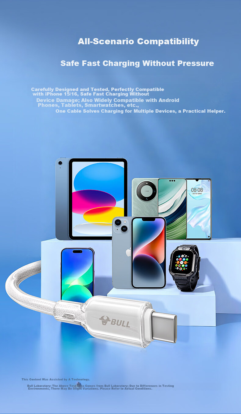 Bull Xiao Bing Type-C Data Cable 1.2m Fast Charging Cable for iPhone 17 Pro Max, Apple 17 Charger Cable, Compatible with Huawei, Android, iPad, Tablet 20