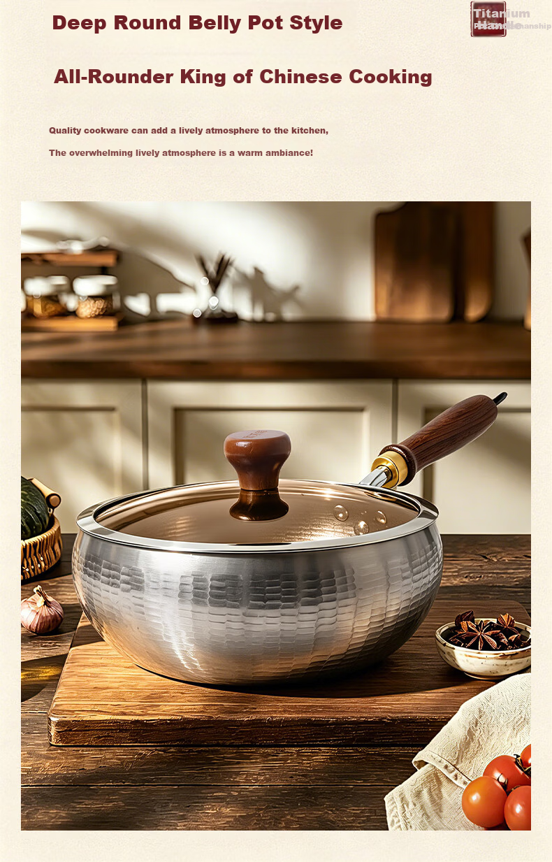 OLOFE Large Belly Pot Zhangqiu Handmade Forged Pure Titanium Small Frying Pan Old Guandong Non-Coated Non-Stick Titanium Wok 26cm 8