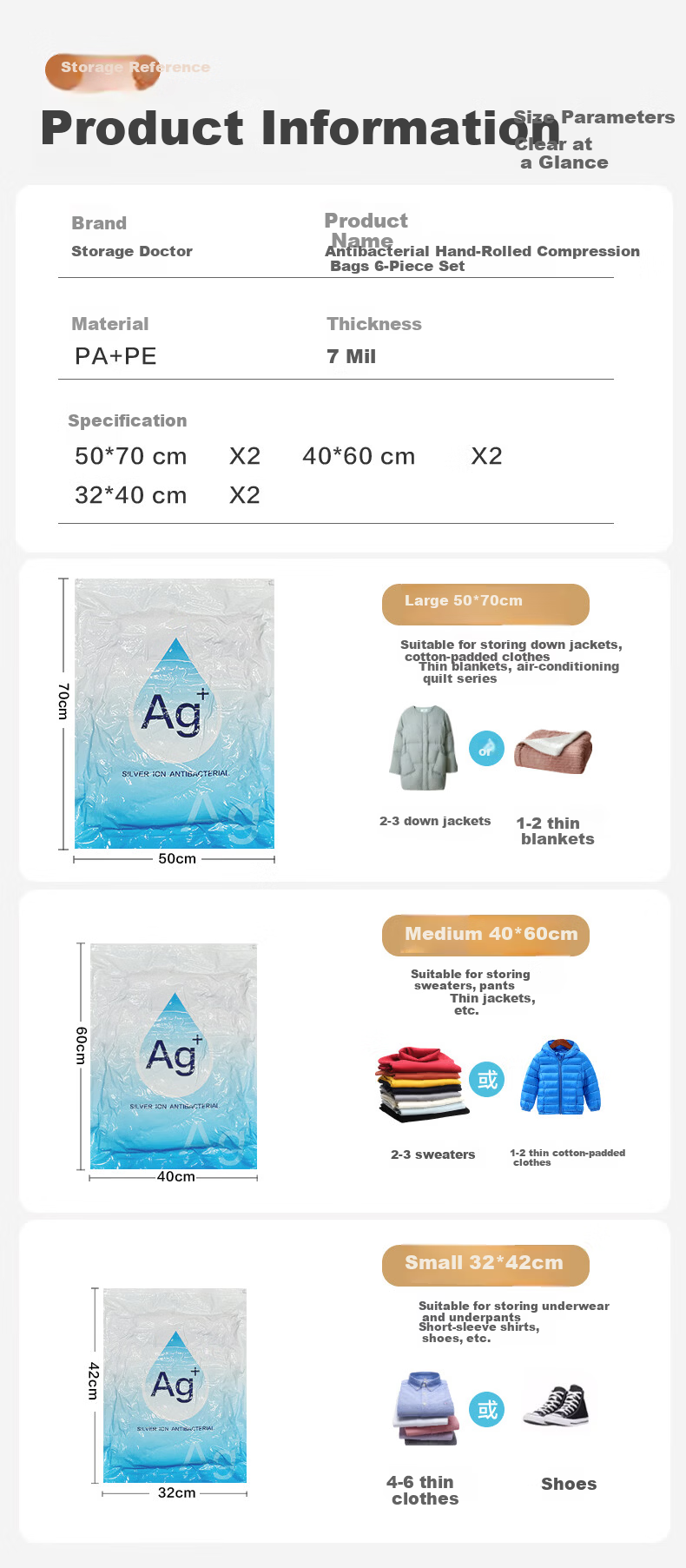 DR.STORAGE Antibacterial Travel Roll-Up Storage Bag Vacuum Compression Suitcase Organizer 2 Large 2 Medium 2 Small 2