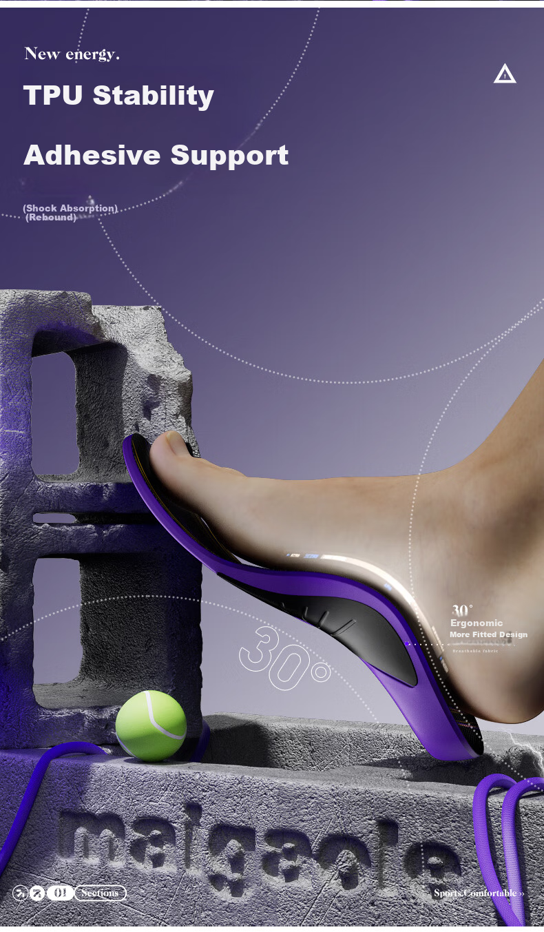 Maigao Le 7A Antibacterial 30° Arch Support Flat Foot Comfortable Long-Standing Sports Insoles Hiking Use Size 43-44 5