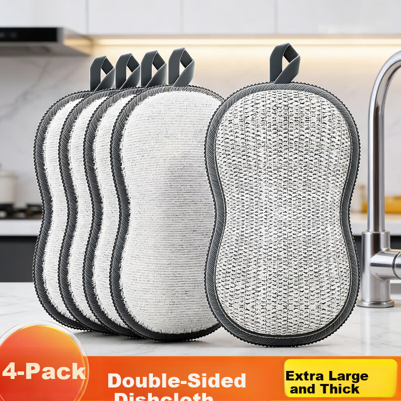 Besnay Dishwashing Sponge and Scrubbing Cloth 4-Pack Double-Sided Steel Wool Kitchen Brush Oil Removal Cleaner