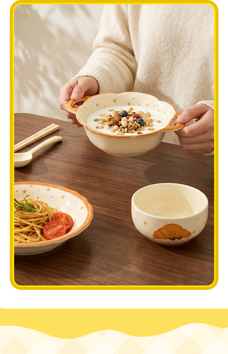 Baijie Cute Tableware Set Ceramic Bowls Chopsticks Soup Bowl Plates 5-Piece Home Dining Set for One 4