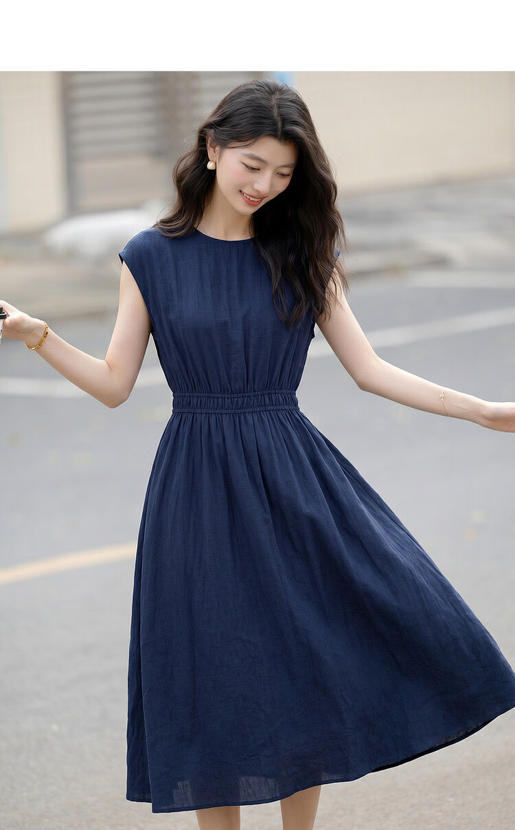 Demana [Elegance Companion] Summer Commuter Style Round Neck High Waist Cap Sleeve Lightweight Draped Mid-Length Women's Dress 5