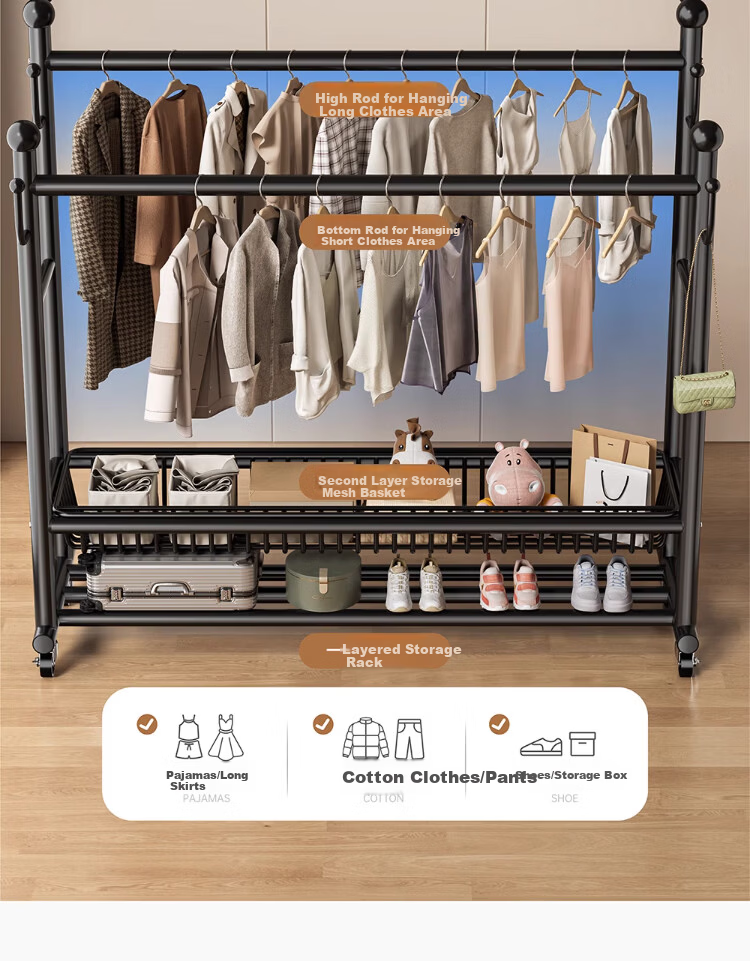 Yixuan Floor Clothes Rack Coat Hanger Bedroom Garment Rack Thickened Sturdy Drying Rack Storage Rack 5