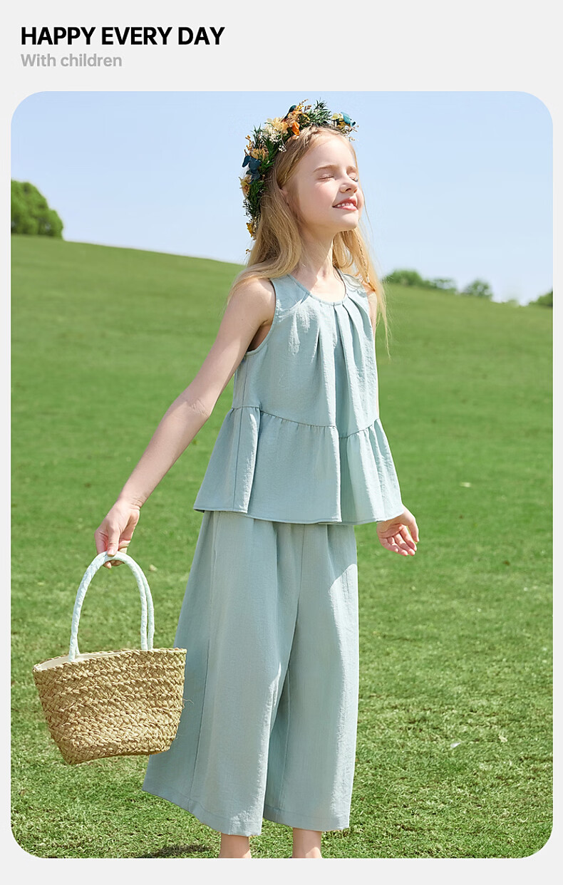 ASK JUNIOR Girls' Summer Set Youth Sleeveless Tank Top and Straight Wide-Leg Pants Two-Piece Green 170 26