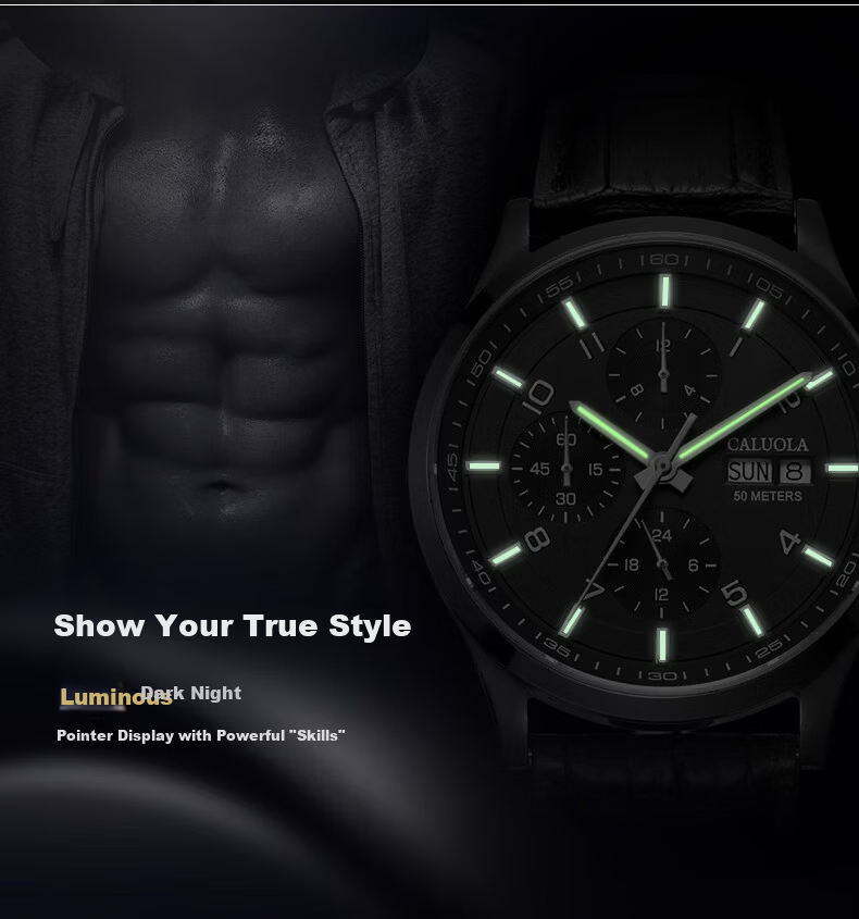 CALUOLA Six-Needle Multifunction Automatic Mechanical Men's Watch Waterproof All-Black Sports Luminous Fashion Wristwatch Trending 1