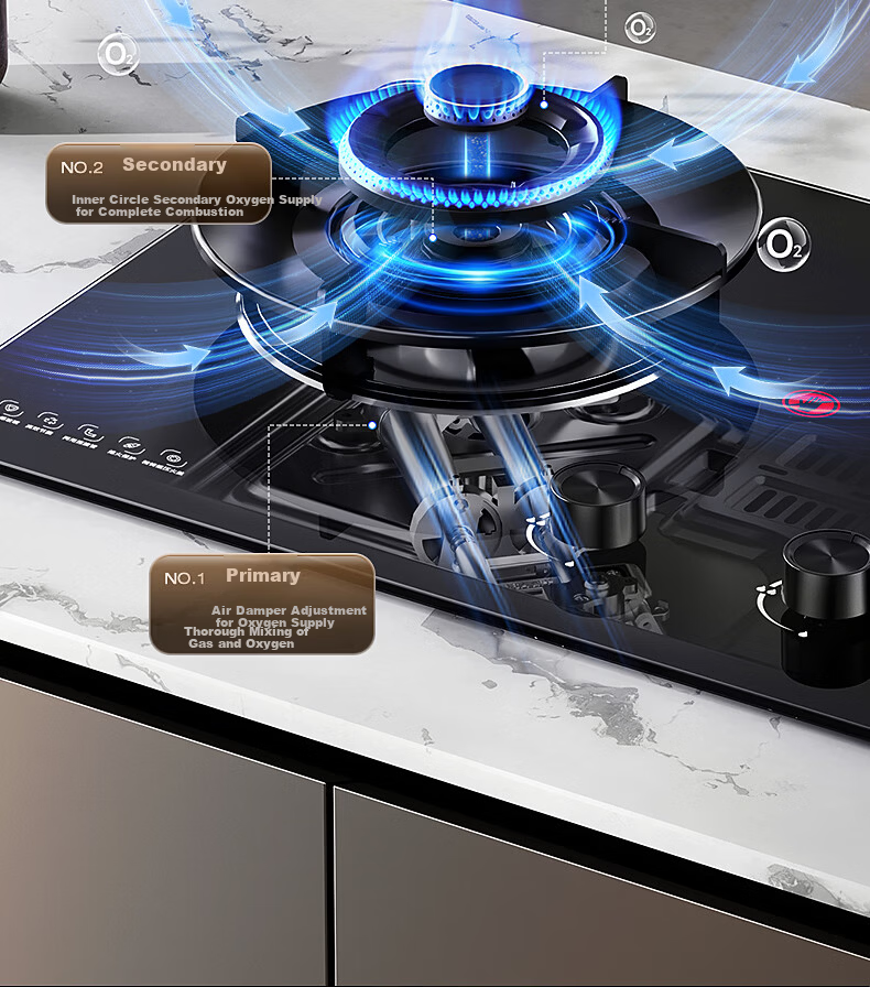 Royalstar Extraordinary Series Gas Stove Natural Gas Double Burner Built-in Nine-Chamber Dual Burner Tabletop High Heat Stove First-Level Energy Efficiency 70% Thermal Efficiency JZT-R55-2 6