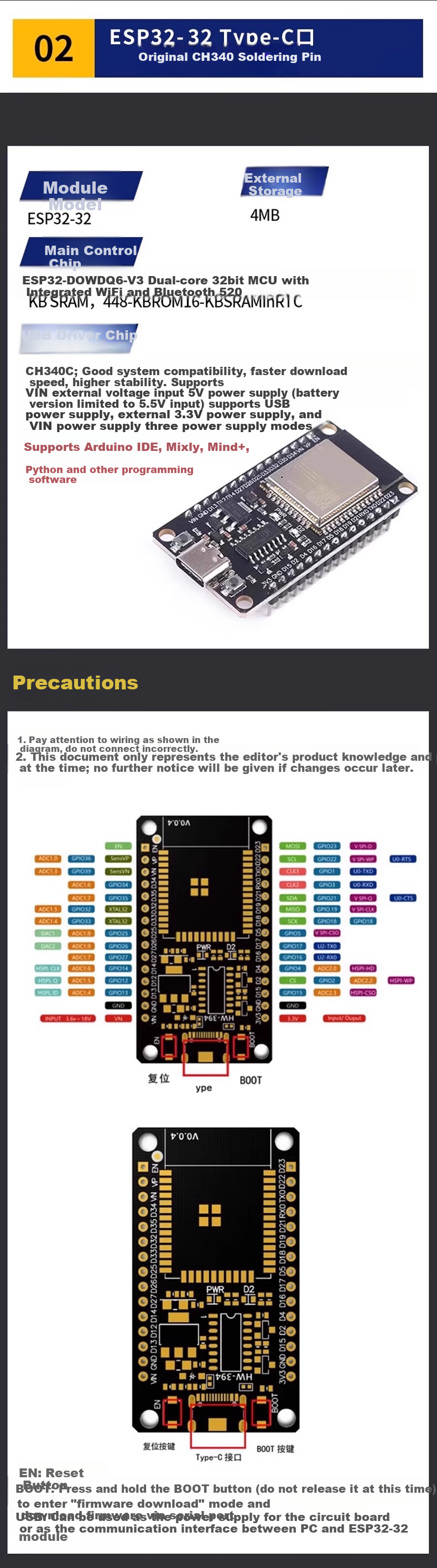 ZAVE ESP32 Development Board Type-C CH340 Original Module WiFi + Bluetooth Dual-Core CPU System Board Module 8