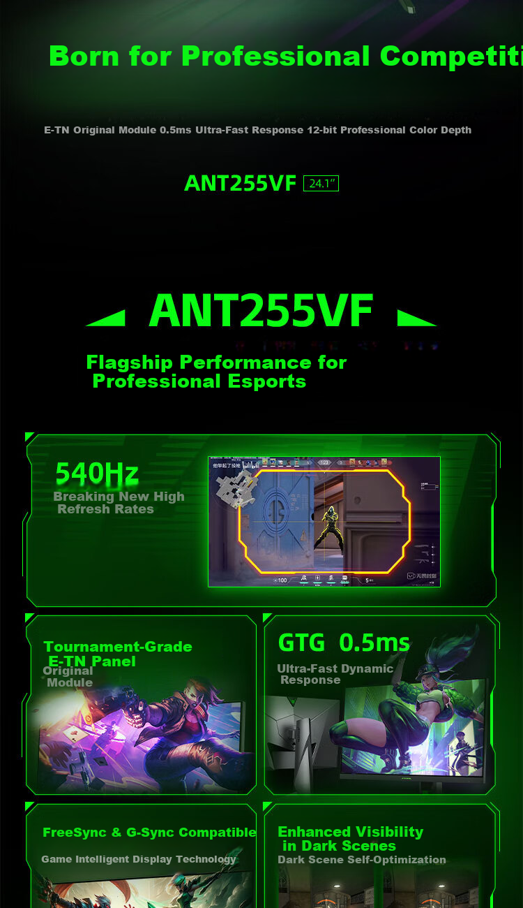 ANTGAMER Ant Esports 24.1-inch 540Hz E-TN Panel Monitor GTG 0.5ms Response Ultra High Refresh HDR400 Fearless Contract Professional Monitor ANT255VF 2