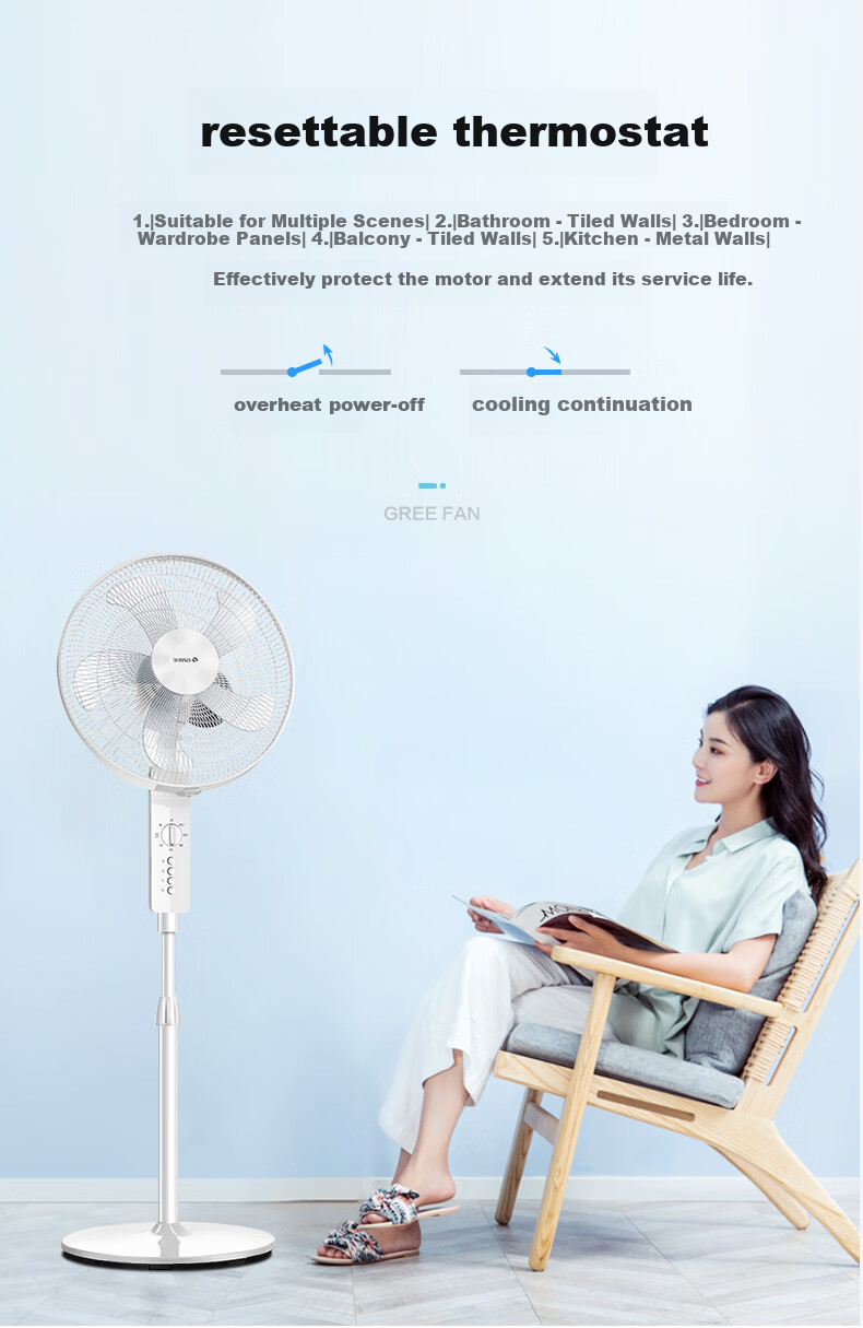 GREE Large Airflow 5-Blade Household Electric Fan Office Adjustable Height Pedestal Fan with Timer FD-4012-WG 7