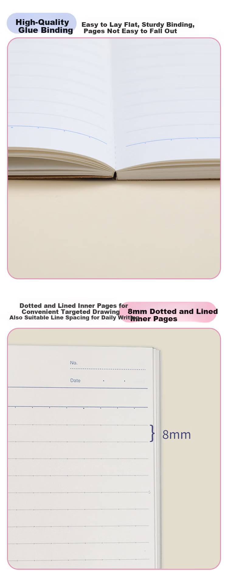KOKUYO A5/40 Pages/8mm Dotted Line Kato Wood Series Student Notebook, Wireless Binding, Glue Bound, Office Stationery, Softcover, Gray Pink, 1 Pack WCN-CNB3474-3 3