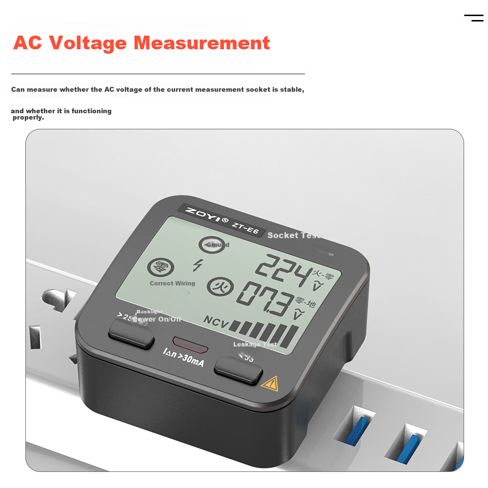 ZOYI Multifunctional Multimeter Socket Tester Phase Detector Polarity Voltage Tester Leakage Detector [ZT-E6] 3
