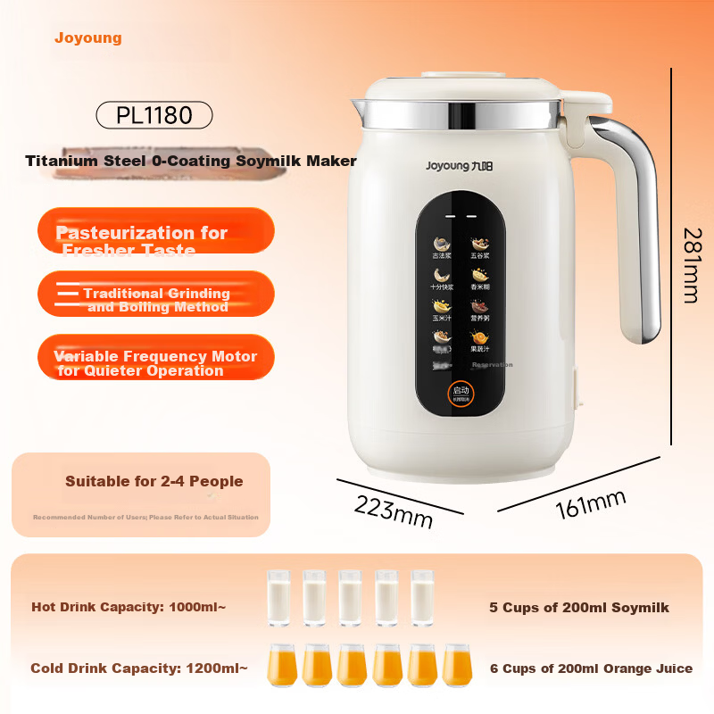 Joyoung 1.2L Titanium Soymilk Maker 316 Titanium Steel 0 Coating Variable Frequency Quiet Home Use Fully Automatic No Boil No Filter PL1180