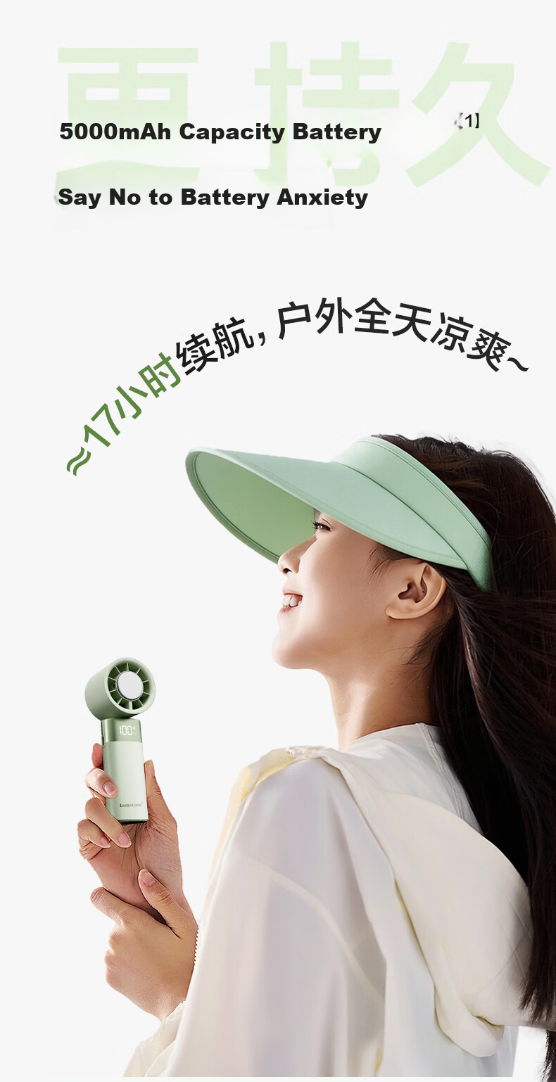 LOCK&LOCK Handheld Mini Fan Semiconductor Cooling Portable Foldable Outdoor Neck Hanging Desktop Rechargeable Long Battery Life 100-Speed High Wind 4000mAh Ice Fun - Sea Salt White Grapefruit 7