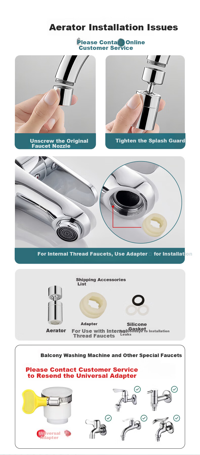 Jingmi Premium Faucet Aerator Extender 2-Mode Splash-Proof Kitchen Basin Adapter 360° Swivel Connector 2