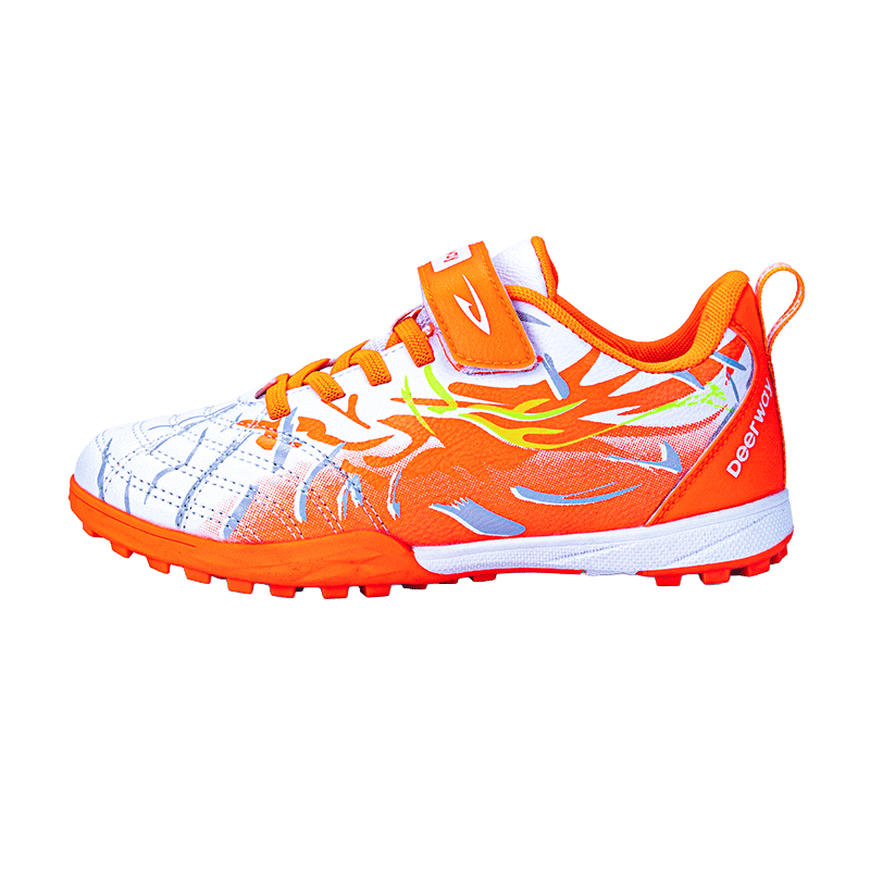 DEERWAY Kids Soccer Shoes TF Turf Cleats for Boys Ages 6-12, Student Training and Match Shoes, White Orange, Size 36
