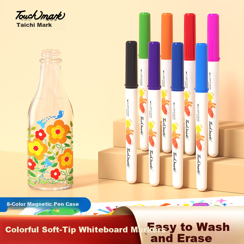 Touch Mark Colored Whiteboard Markers Soft Tip 8 Colors Washable Erasable Markers Large Capacity for Kids Early Education Doodle Board Writing Blackboard Pens for Children Students