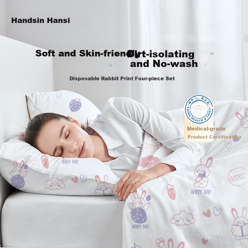 Hans Disposable 4-Piece Bedding Set Anti-Dirt Naked Sleep Double Bed Rabbit Print 4-Piece Set