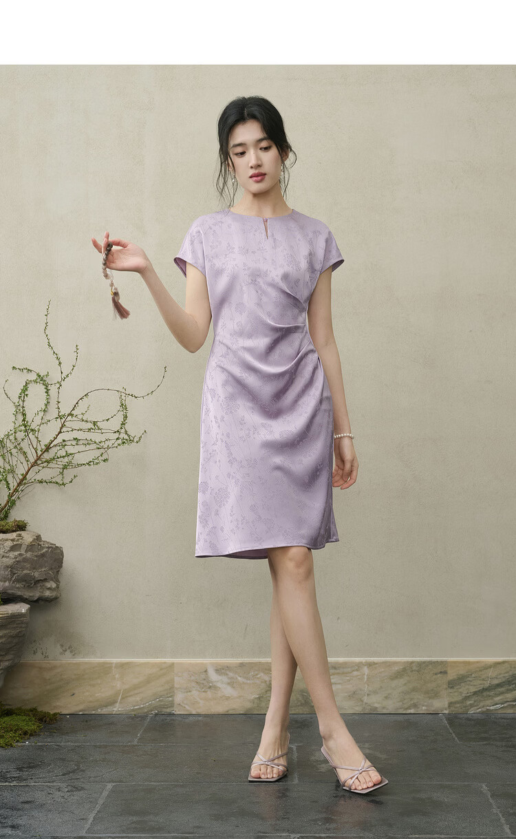 Shangdu Bila Elegant Slimming National Style Summer Dress for Women with Beaded Buttons, Round Neck, Flutter Sleeves, A-Line Jacquard Mid-Length Dress 3