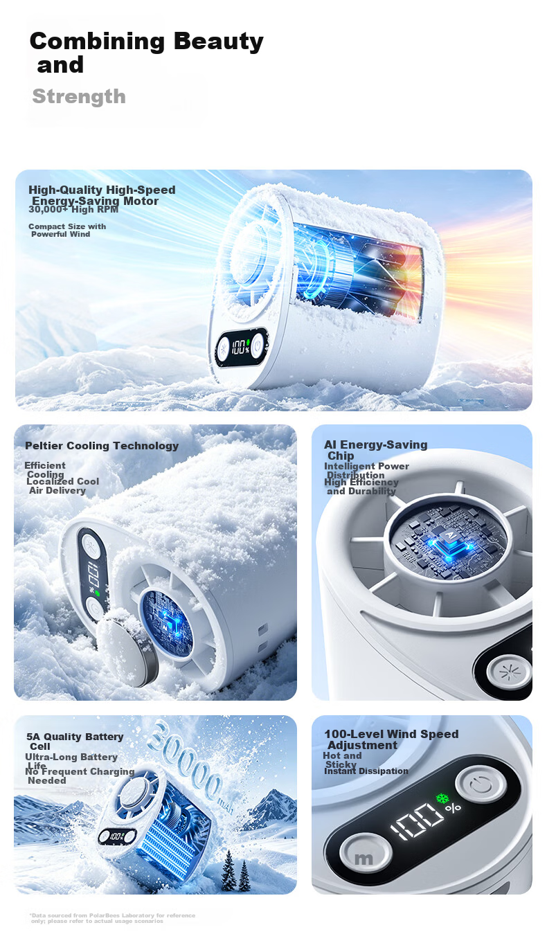 PolarBees Arctic Bee Portable Mini Fan Waist Hanging Handheld Neck Hanging Clip Desktop USB Rechargeable High-Speed Ultra-Quiet Cooling Fan with Long Battery Life 9