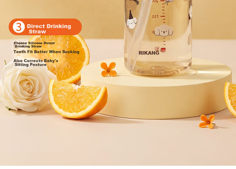 Rikang Children's Water Bottle 1+ Baby Milk Bottle PPSU Direct Drinking Straw Cup 380ml - B1088 Gray 2