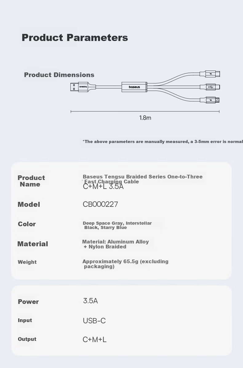 Baseus 3-in-1 Braided Charging Cable Type-C Apple Android 3.5A Fast Charge Multi-Device Cable for iPhone 17/16/15 Xiaomi Huawei Honor 1.2m Gray 16