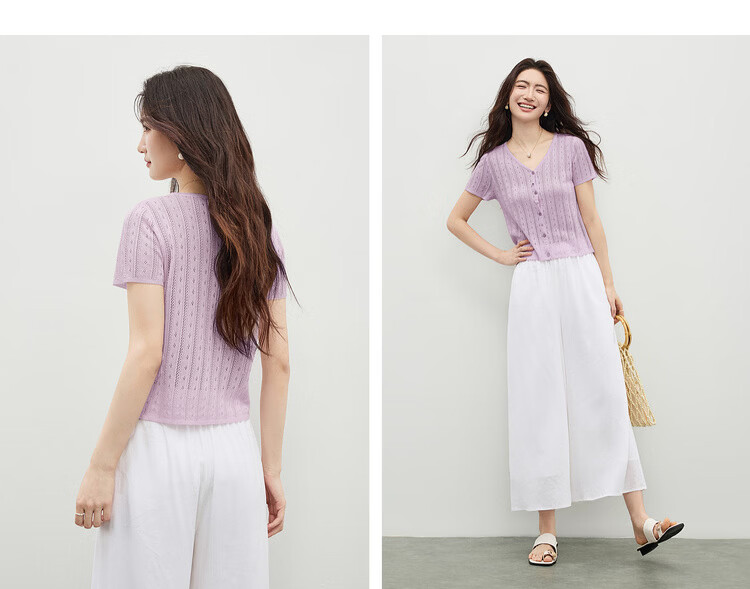 Shangdu Bira Linen Lyocell Knitwear Women Spring Summer Sweet Youthful V-Neck Hollow Texture Short Sleeve Cardigan Top 15