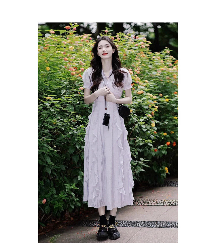 Mt [Early Summer Time] Summer Dopamine Fresh Lace-up V-neck Ruffle Puff Sleeve Waist-cinching Elegant Dress 14