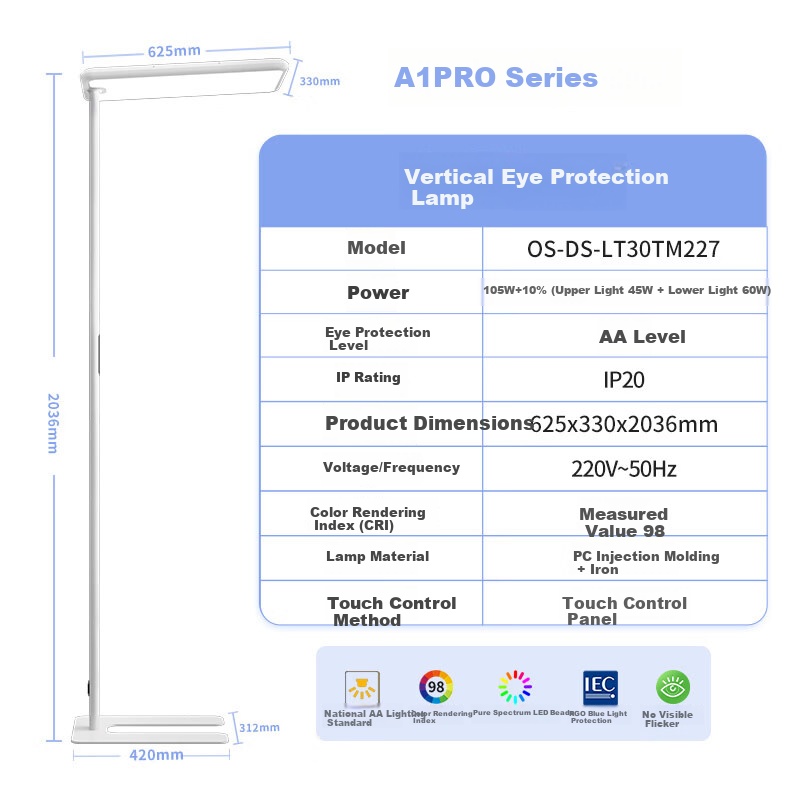 OSRAM Vertical Road Lamp Eye Protection Study Student Reading Floor Lamp Full Spectrum Smart Living Room Study Lamp