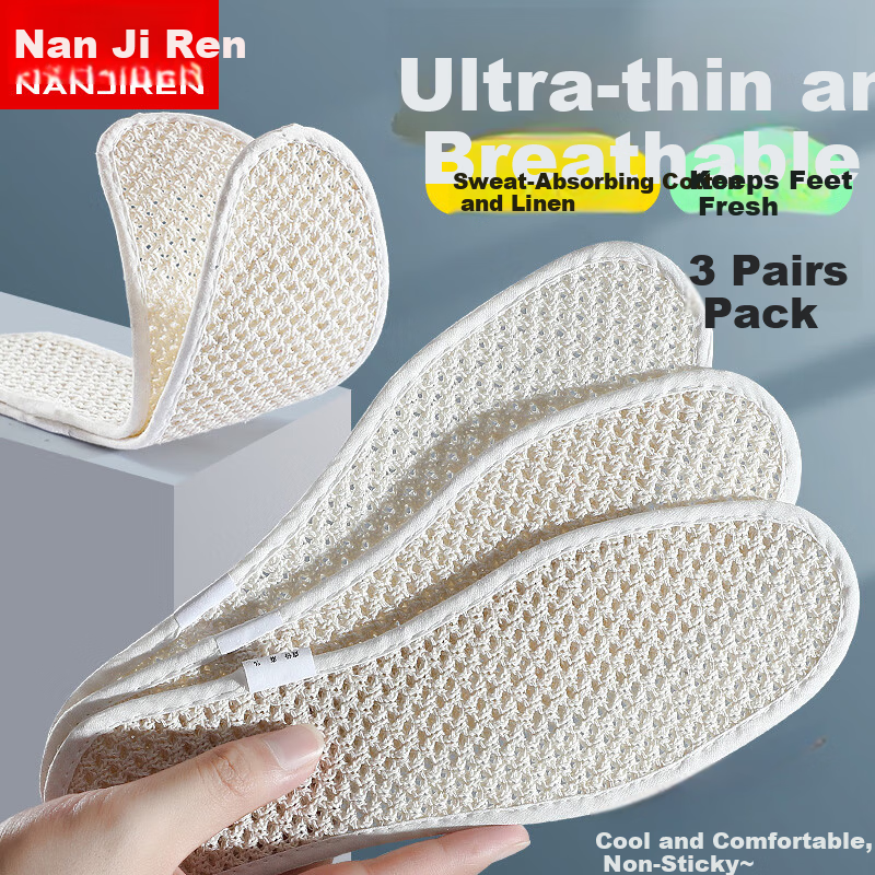 Nanjiren Cotton Linen Breathable Sweat-Absorbing Insoles for Men and Women, Comfortable, Odor-Resistant, Soft, Ultra-Thin Summer Running Insoles, Size 45