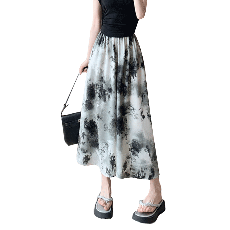 Langsha New Chinese Style Chiffon Skirt Pants for Women Summer Thin High Waist Ink Painting National Style Wide Leg Pants