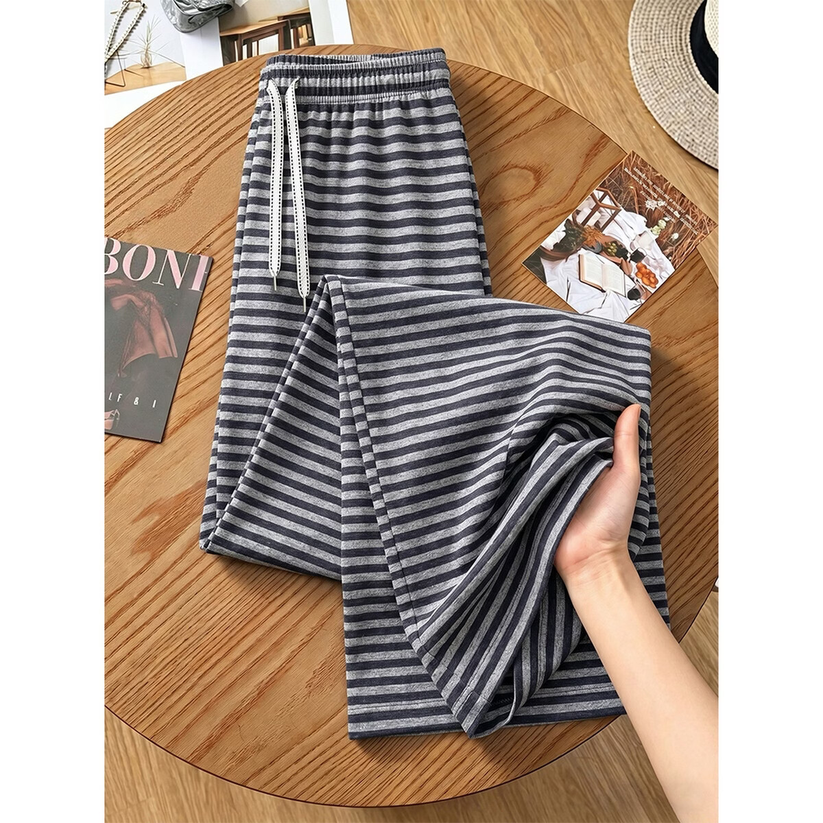 Demana Free Pressure Zero Pants Summer Lazy Colorblock Striped Wide-Leg Elastic Waist Draped Loose Slimming Women's Casual Pants
