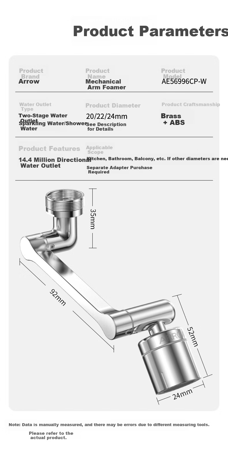 ARROW Mechanical Arm Faucet Aerator Universal Rotation Four Water Outlet Modes Extender Splash-Proof Head AE59130CP 13
