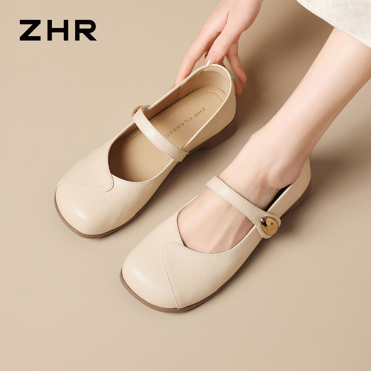 ZHR Mary Jane Shoes for Women 2026 New Soft Sole Casual Flat Leather Shoes with Skirt AH790 Champagne Color Size 40
