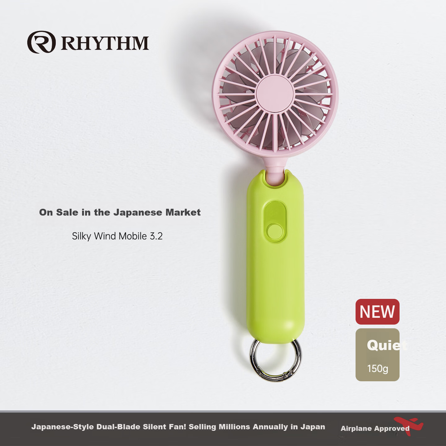 RHYTHM Japan Ultra-Quiet Handheld Fan Office Desktop Portable USB Rechargeable Long Battery Life Neck Hanging Mini Cooling Fan 9ZFA44DL13 Light Green