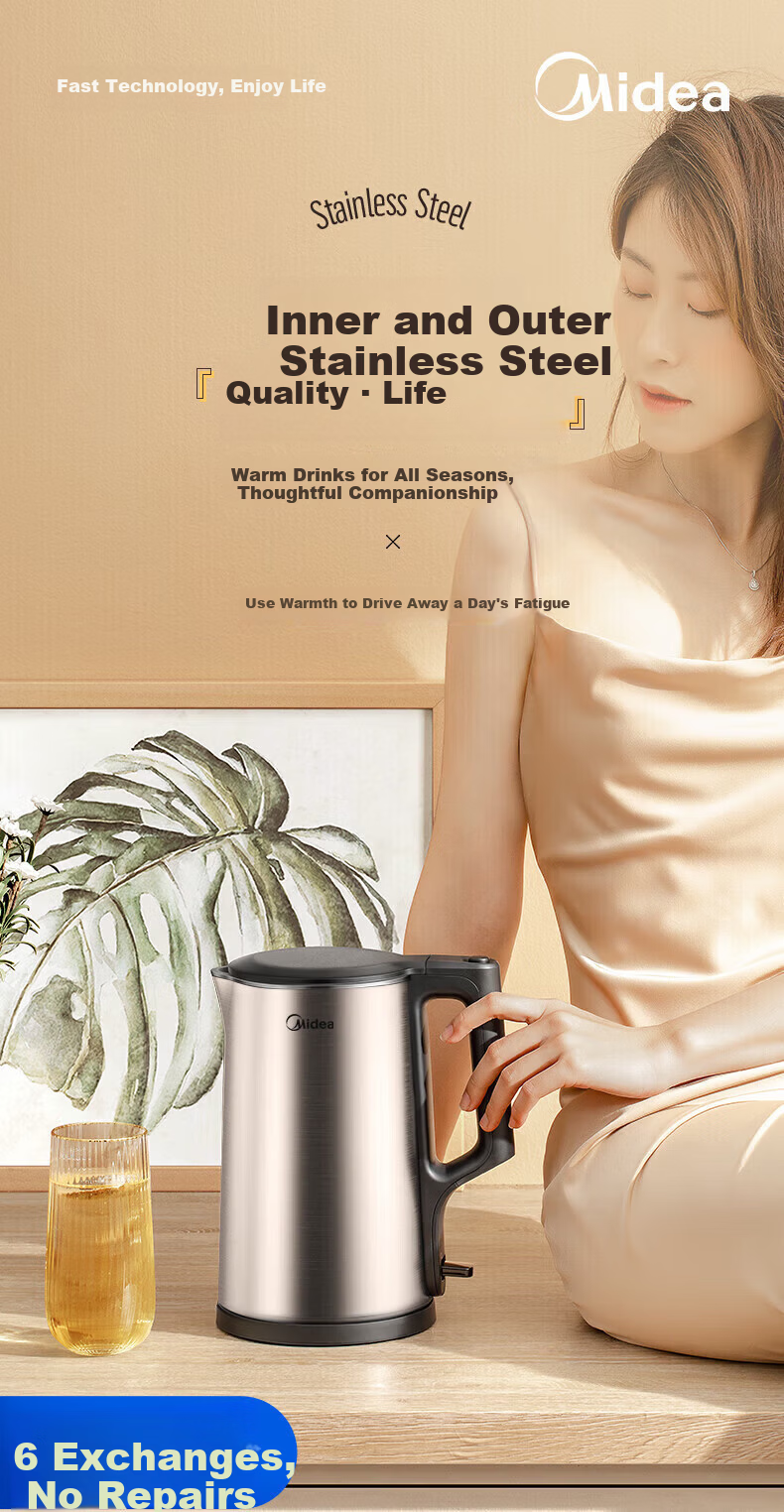 Midea Electric Kettle 1.7L Large Capacity Household High Power Kettle 316L Stainless Steel Inner Pot Double Layer Anti-Scald and Dry-Boil Protection Electric Kettle MK-PJ17A01 2