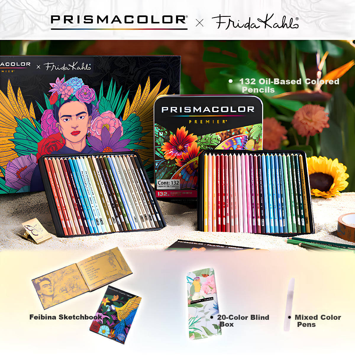 Thunder Horse Oil-Based Colored Pencils Frida Limited Edition Collaboration Set Gift Box (132 Colors + 20 Blind Box Pencils) Drawing Pencils Mother's Day Children's Day Gift