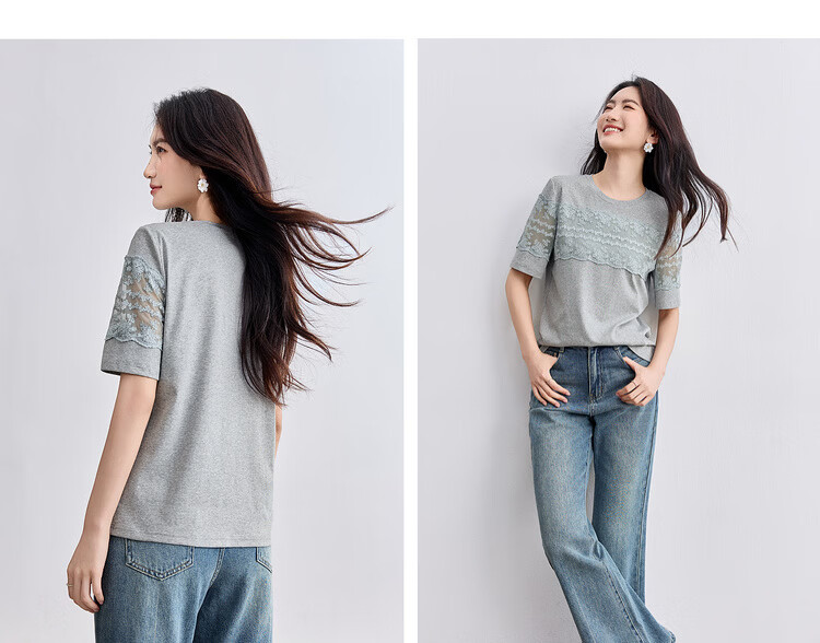 Shangdu Bila Cotton Spliced Lace Trim Round Neck Short Sleeve T-Shirt Women Summer Slim Straight Top Elegant Temperament Women's Wear 12