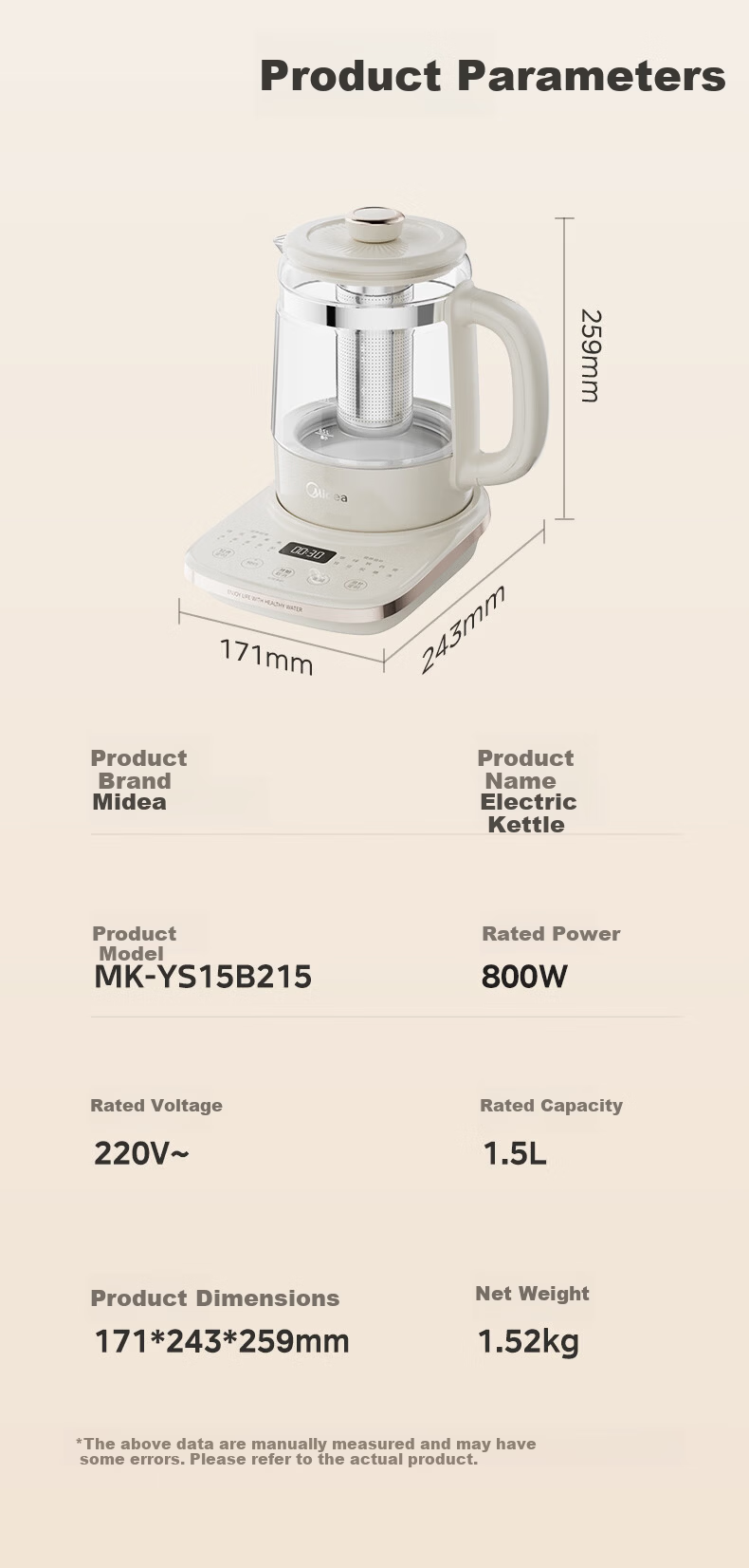 Midea 0 Glue Full Glass Health Kettle Baby Boiling Kettle Electric Kettle Fully Automatic Integrated Tea Maker 800W High Power 1.5L MK-YS15B215 9