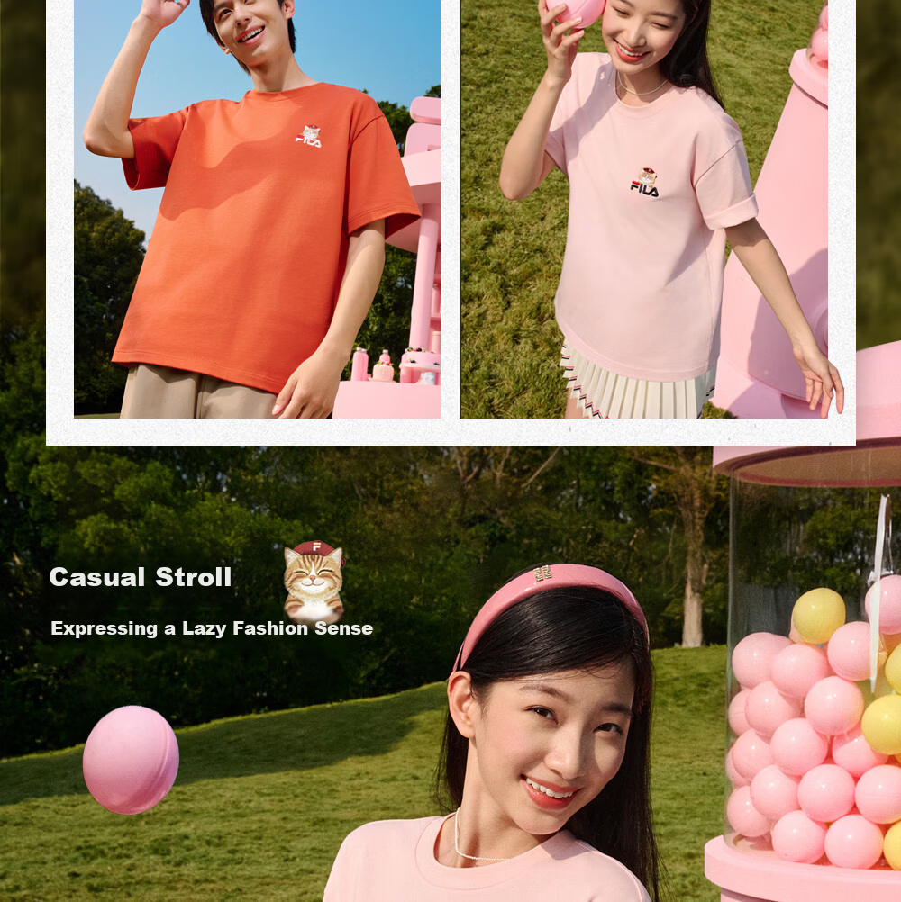 FILA Official 2026 Summer Couple Short Sleeve T-Shirt Casual Loose Fit Cotton Cat Knit Tee 19
