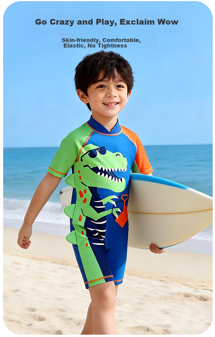 9i9 Kids Boys One-Piece Hooded Sunscreen Quick-Dry T-Rex Baby Swimming Hot Spring Suit B150 Blue 90 5