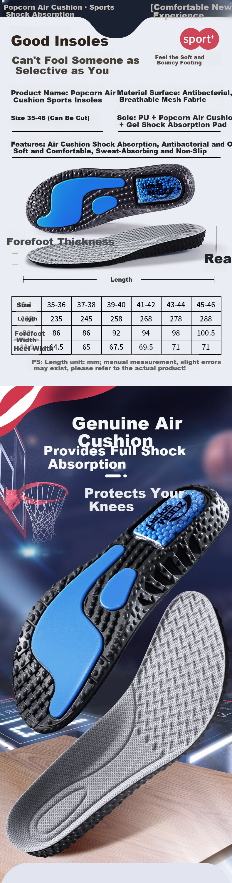 Footprint Tribe Men's Sports Insoles Air Cushion Shock Absorption Soft Elastic Anti-Fatigue Breathable Sweat-Absorbing Odor-Resistant Summer Size 41-42 6