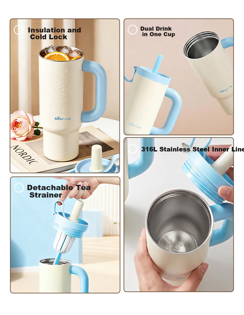 Bear Straw Tumbler Large Capacity Stainless Steel Insulated Water Bottle for Office Men Women Car Student Gift 2