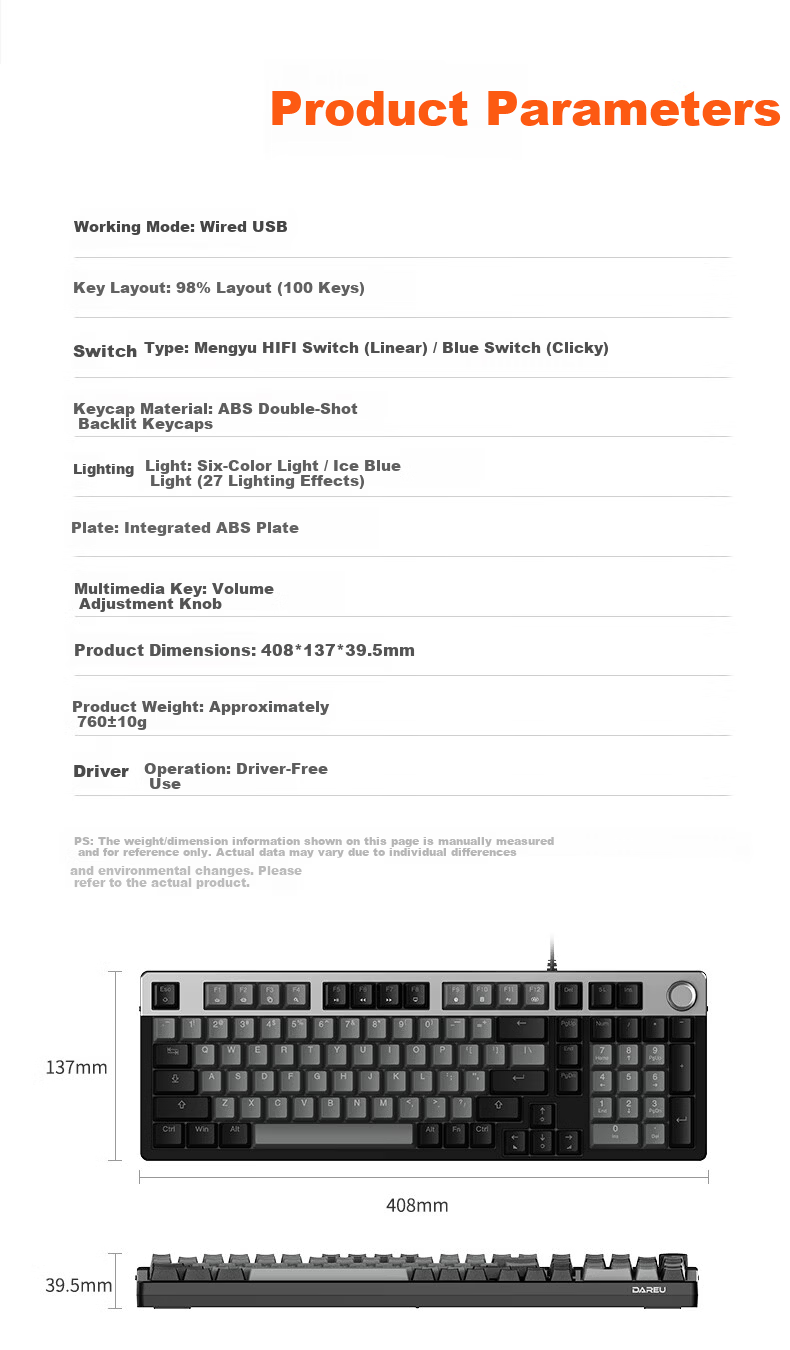 DAREU EK815Pro Wired Keyboard 2026 Edition - Wired Connection - Black Grey - Dream Encounter HiFi Switch - Non-Silent - 100 Keys 10