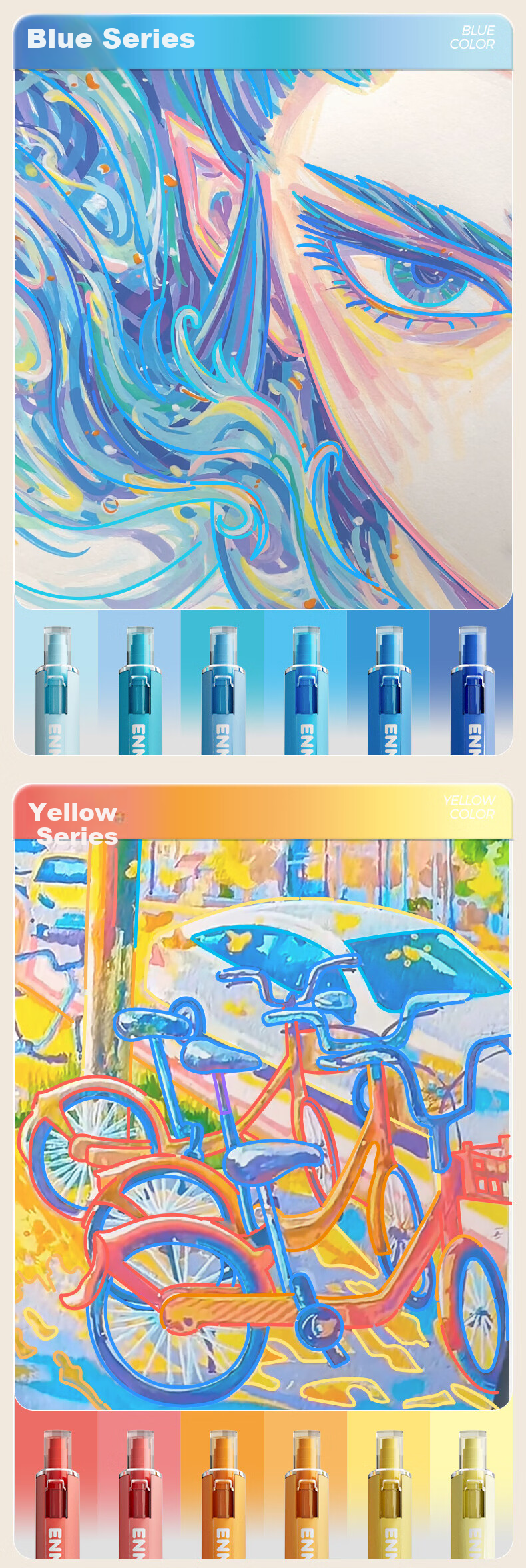 Enmy Rainbow Acrylic Liner Pen Classic Colors 6-Color/Box Professional Watercolor Art Click-Action Fine Tip Painting Pen High-Quality Full Set Marker 2