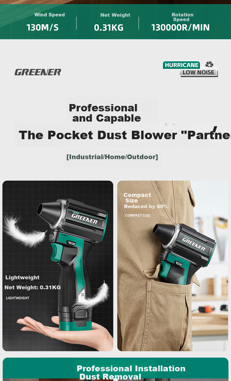 GREENER Pocket Turbo Fan Powerful Hair Dryer Brushless Lithium Battery Dust Removal Car Wash Water Blower One Battery One Charger 2