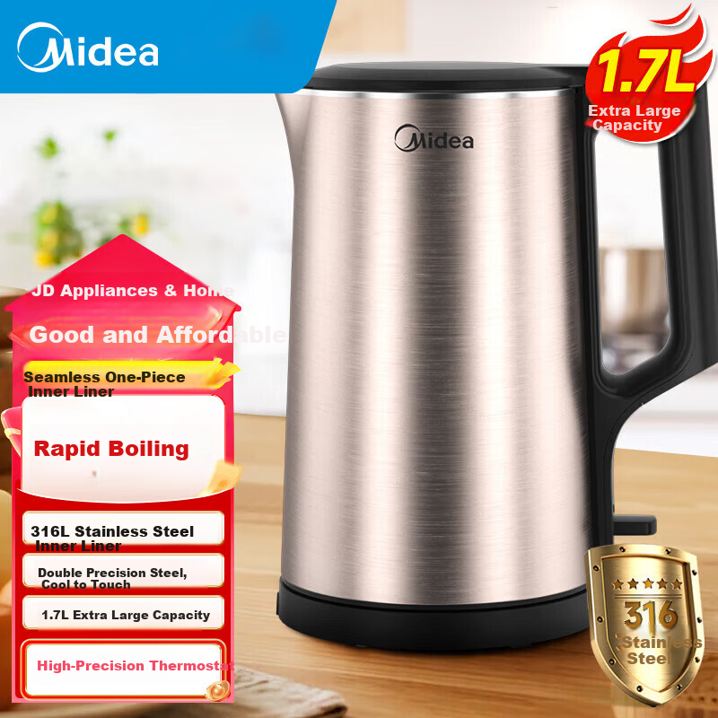 Midea Electric Kettle 1.7L Large Capacity Household High Power Kettle 316L Stainless Steel Inner Pot Double Layer Anti-Scald and Dry-Boil Protection Electric Kettle MK-PJ17A01