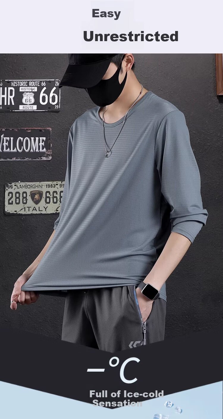 Langsha Ice Silk Long Sleeve T-Shirt Men Summer Thin Mesh Breathable Air Conditioning Shirt Plus Size Base Shirt Sun Protection Quick-Dry Tee 16